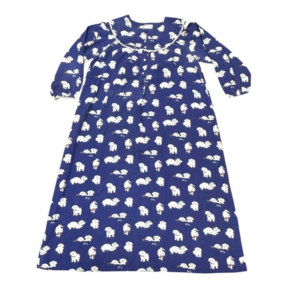 Lanz of Salzburg Womens Puppy Love Nightgown Sz Medium Blue Flannel Shih Tzu Dog